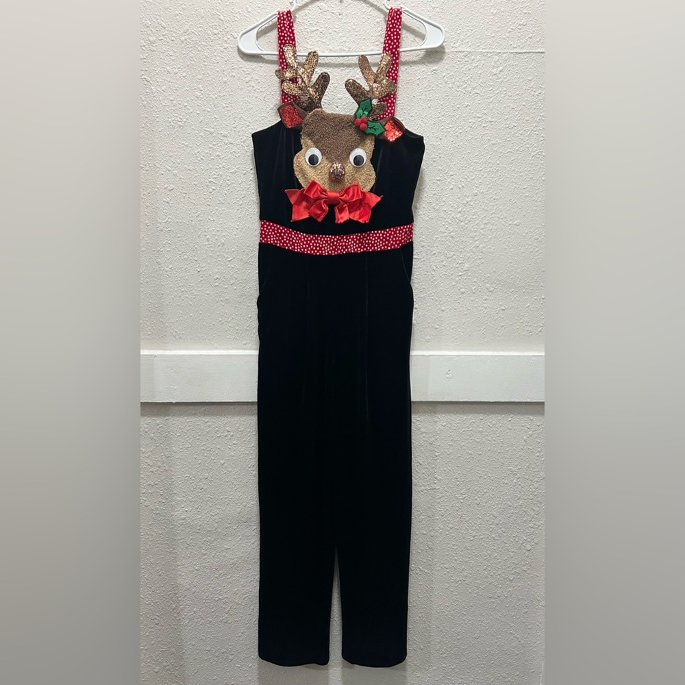 Love on a Hanger Reindeer Christmas Velvet Jumpsuit NEW M